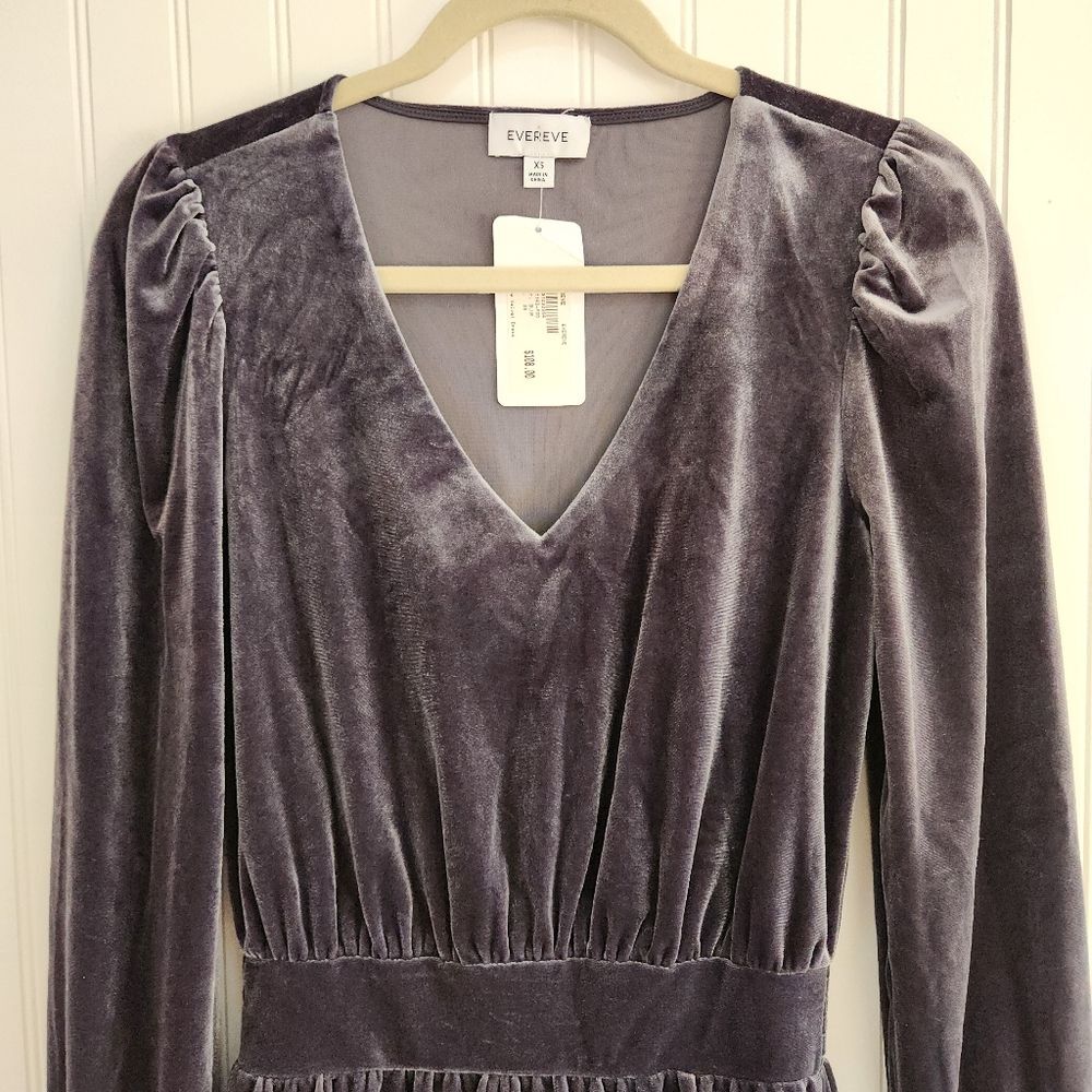 NEW EVEREVE Blue Gray 'Fiona' Velvet Ruffle Long Sleeve Mini Dress size XS - Picture 3 of 7